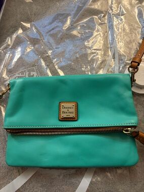 Dooney & Bourke Turquoise Fold-Over Crossbody with Tan Strap